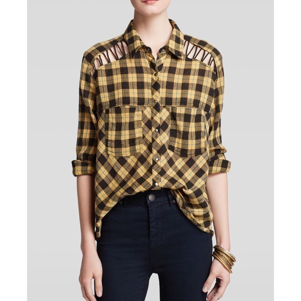 Free People Lace-up Plaid Crepe Top Onyx Combo XS